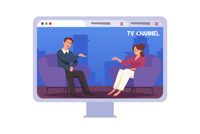 Celebrity male character giving interview to television presenter in studio  Illustration