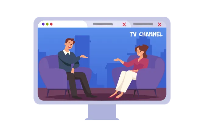 Celebrity male character giving interview to television presenter in studio  Illustration