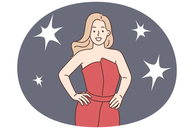映画祭や授賞式でイブニングドレス姿で記者団にポーズをとるセレブ女性  イラスト