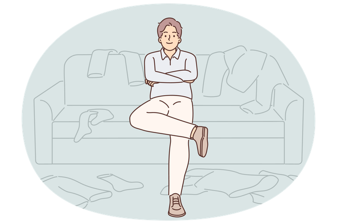 Un célibataire est assis sur un canapé parmi des vêtements éparpillés et est trop paresseux pour commencer à nettoyer  Illustration
