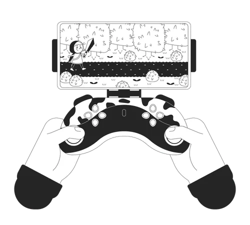 Cell Phone Gaming Joystick Black And White Cartoon Flat Illustration Mobile Controller For Gamer 2 D Lineart Hands Isolated Videogame Arcade Adventure Smartphone Monochrome Scene Vector Outline Image Illustration
