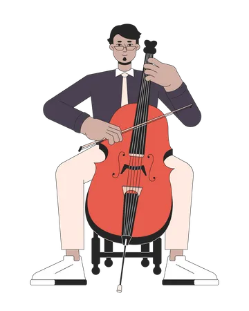 Cello Musician Line Cartoon Flat Illustration Middle Eastern Adult Man With Musical Violoncello 2 D Lineart Character Isolated On White Background Violoncellist Symphony Scene Vector Color Image Illustration