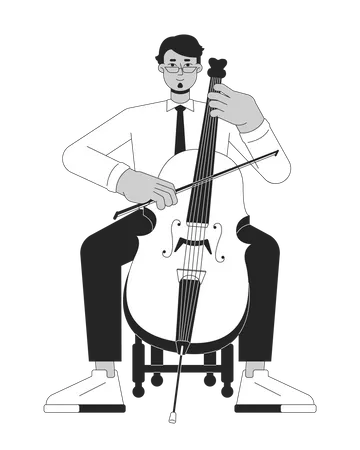Cello Musician Black And White Cartoon Flat Illustration Middle Eastern Adult Man With Musical Violoncello 2 D Lineart Character Isolated Violoncellist Symphony Monochrome Scene Vector Outline Image Illustration