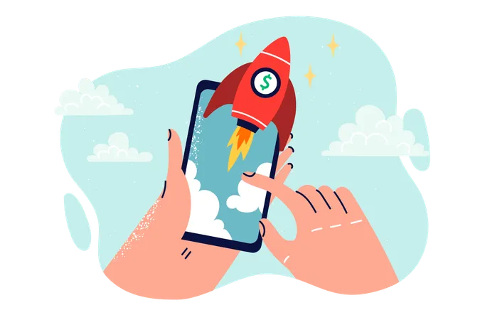 Telefone celular com foguete voador nas mãos de uma pessoa  Ilustração