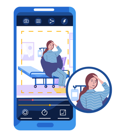 Celular com foto de menina doente durante covid  Ilustração