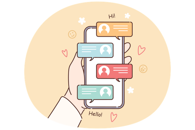 Telefone celular com mensagens nas mãos de pessoa que usa redes sociais para se corresponder com amigos  Ilustração