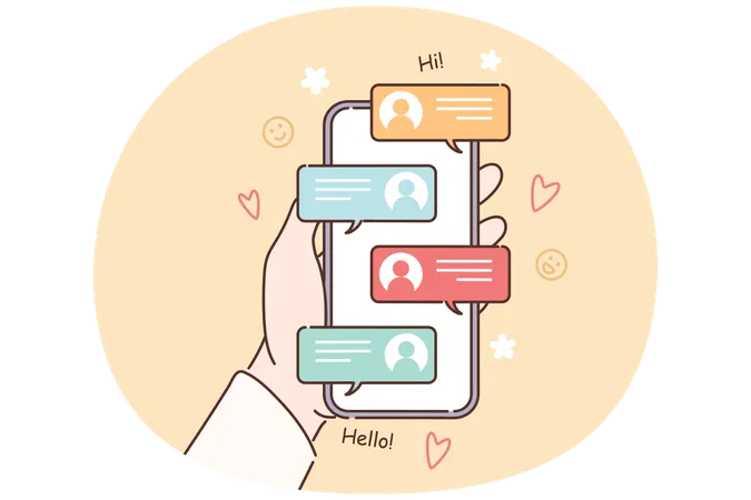 Telefone celular com mensagens nas mãos de pessoa que usa redes sociais para se corresponder com amigos  Ilustração
