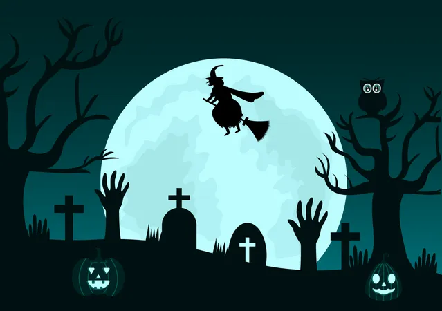 Halloween Night Party Background Silhouette Landing Page Ilustracao Com Bruxa Casa Assombrada Aboboras Morcegos E Outros Para Adicionar Seu Estilo De Design Ilustração