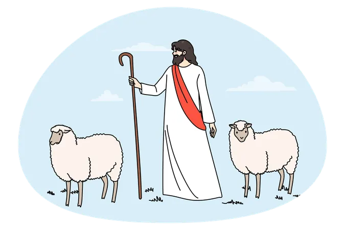 Cena bíblica de Jesus Cristo e cordeiros  Ilustração