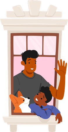 Cena comovente, personagem de pai e filho, seus rostos cheios de alegria, olhando pela janela com seu cachorro  Ilustração