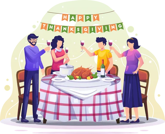 Happy Family Celebra El Dia De Accion De Gracias Cenando Alrededor De Una Mesa Con Comida Ilustracion Vectorial Ilustración