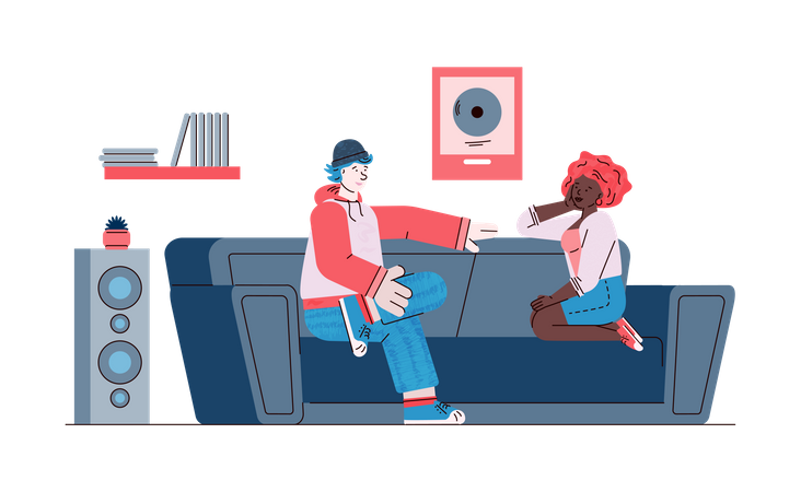 Cena de conversa amigável com homem e mulher sentados no sofá e conversando  Ilustração
