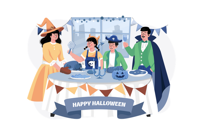 Familia cenando Halloween  Ilustración