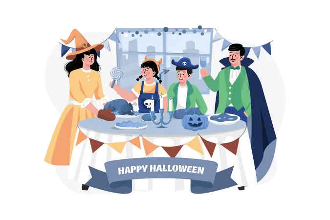 Familia cenando Halloween  Ilustración