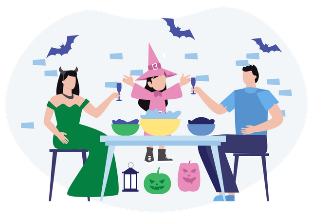 Familia tomando la cena de Halloween  Ilustración