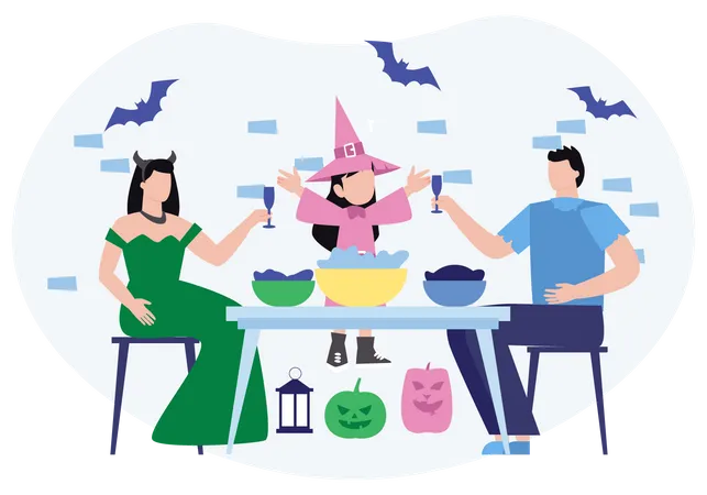 Familia tomando la cena de Halloween  Ilustración