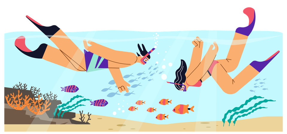 Cena de mergulho com snorkel entre pessoas usando máscaras para os olhos e tubos de respiração  Ilustração