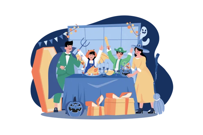 Cena familiar de halloween  Ilustración