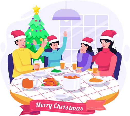 Cena Familiar De Navidad En Casa  Ilustración