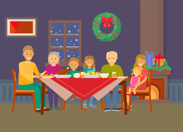 Cena familiar de Navidad personas comiendo comida en la habitación  Ilustración