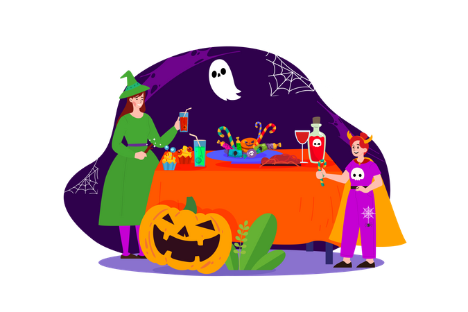 Cena familiar en Halloween  Ilustración