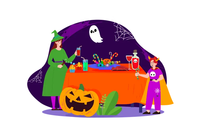 Cena familiar en Halloween  Ilustración