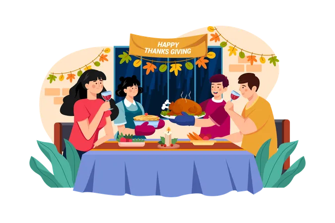 Cena familiar junta el día de Acción de Gracias  Ilustración