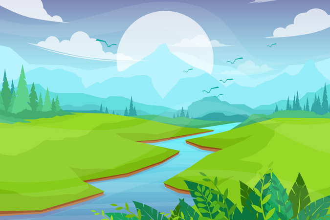 Cena da natureza com rio e colinas  Ilustração
