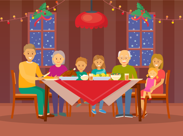 Cena Navideña en Casa Celebración del Pueblo  Ilustración