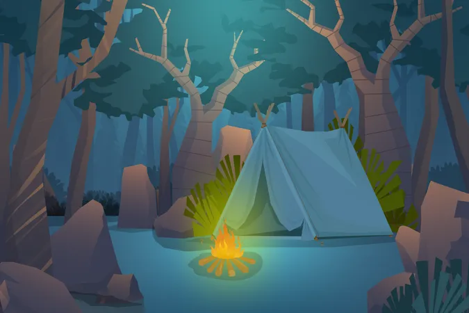 Cena noturna de acampamento de aventura  Ilustração