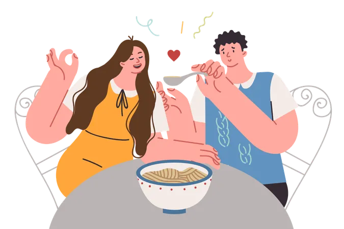 Cena romántica de un hombre y una mujer comiendo espaguetis durante una cita en un moderno restaurante italiano  Ilustración