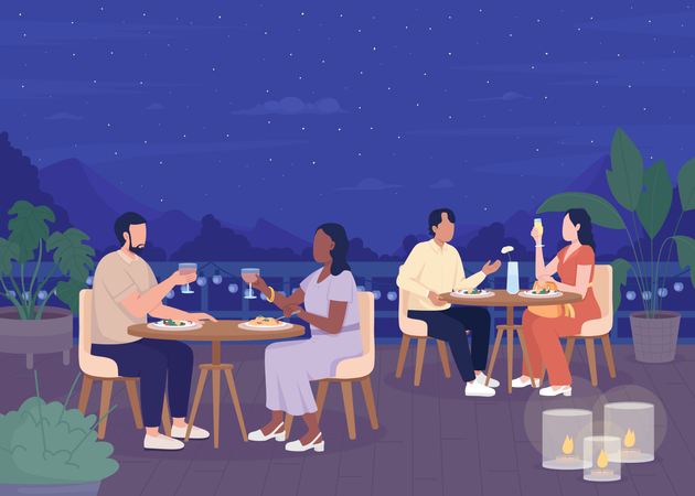 Cena íntima romántica en el resort.  Ilustración