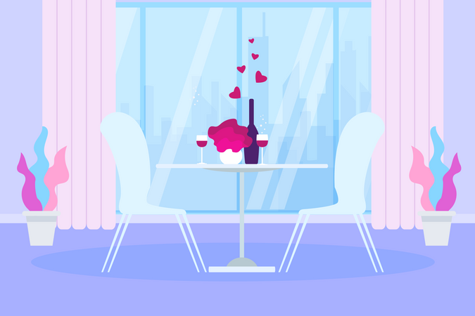 Cena romántica mesa de restaurante con botella de vino y copa  Ilustración