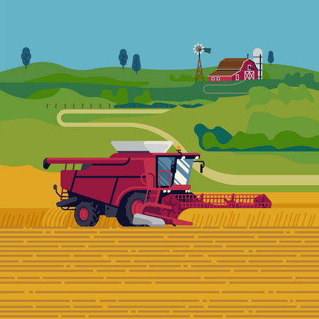 Cenário de campo arável com maquinaria pesada, celeiro vermelho e campos verdes em fundo  Ilustração
