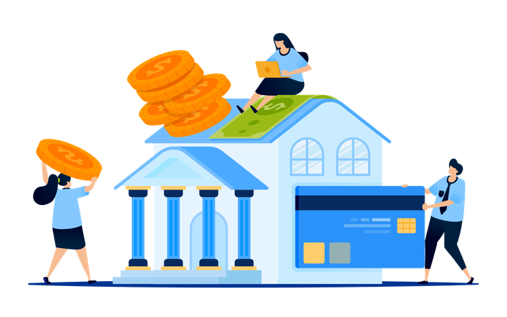 Central bank building with people applying for debt and seeking lower loan interest  Illustration