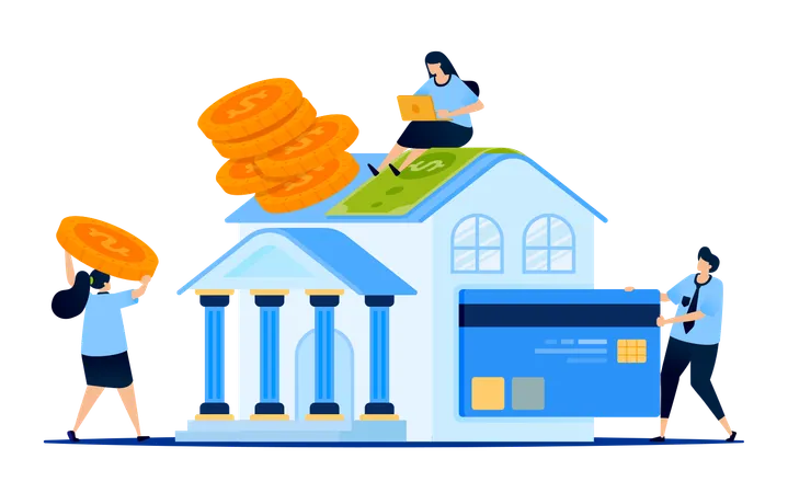 Central bank building with people applying for debt and seeking lower loan interest  Illustration