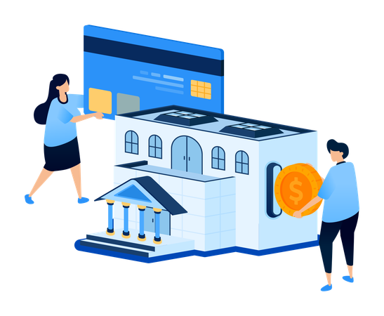 Central bank building with people applying for low-interest credit card loans and withdrawing money  Illustration