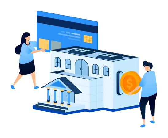 Central bank building with people applying for low-interest credit card loans and withdrawing money  Illustration