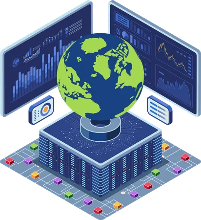 Centre de données mondial avec écran d'analyse Big Data  Illustration