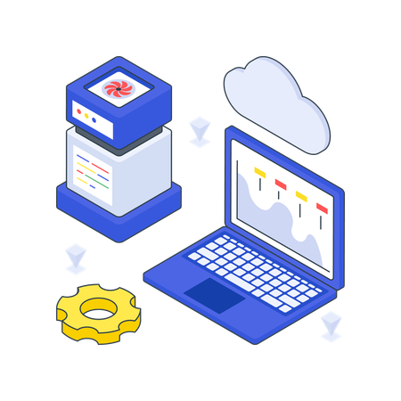 Centro de datos en la nube con computadora portátil  Ilustración