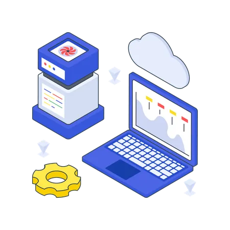 Centro de datos en la nube con computadora portátil  Ilustración