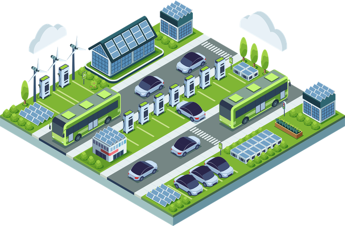 Centro de transporte sostenible con vehículos eléctricos y estaciones de carga eléctrica  Ilustración