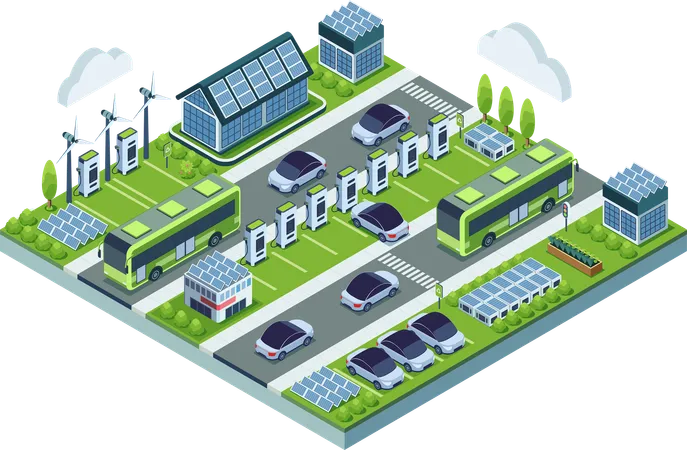 Centro de transporte sostenible con vehículos eléctricos y estaciones de carga eléctrica  Ilustración