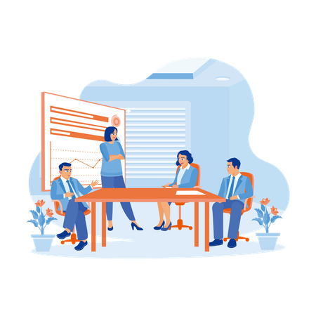 CEO And Business People Discussing Company Presentation At Meeting Room Table  Illustration