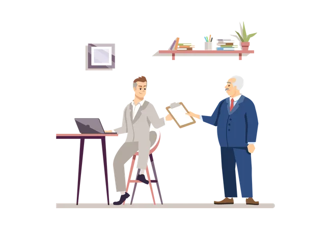 Boss Working At Office Flat Illustration Businessman Entrepreneur With Personal Assistant Cartoon Characters Project Manager Employer Leader Director CEO Workplace Workspace Concept Illustration