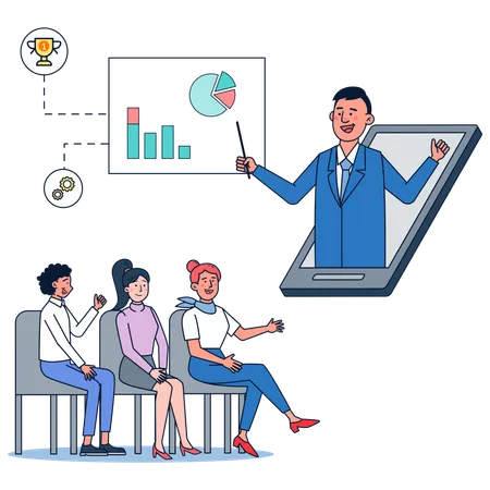 CE Os Show Employees The Increase In Operating Results Through Video Conferencing Flat Illustration Vector Design Illustration