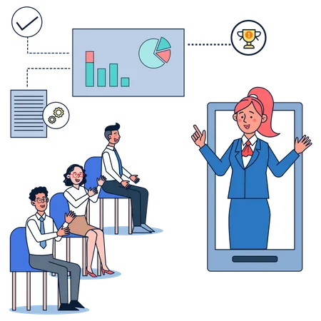 CE Os Show Employees The Increase In Operating Results Through Video Conferencing Flat Illustration Vector Design イラスト