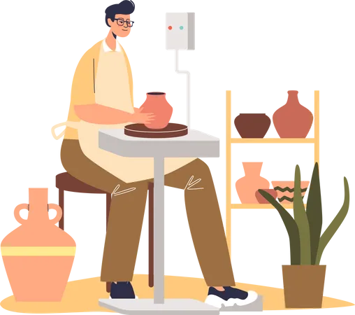 Young Ceramist Making Pot Of Raw Clay On Pottery Wheel Male Ceramic Artist Shaping Earthenware Creative Activity And Hobby Leisure Concept Cartoon Flat Vector Illustration Illustration