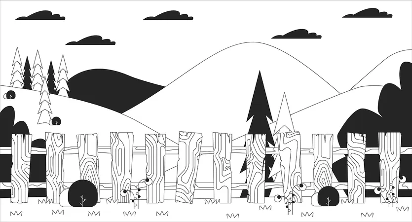 Cerca de madeira em campo em terras altas pitorescas  Ilustração