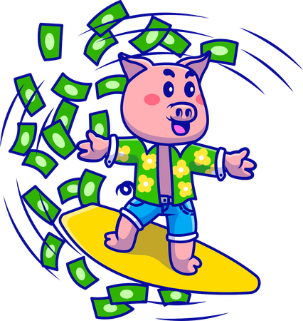 Cerdito de verano surfeando con dinero en efectivo  Ilustración